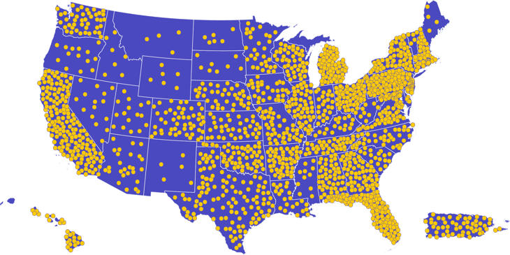 Map displaying 1600+ pharmacies in the United States who use Surecost